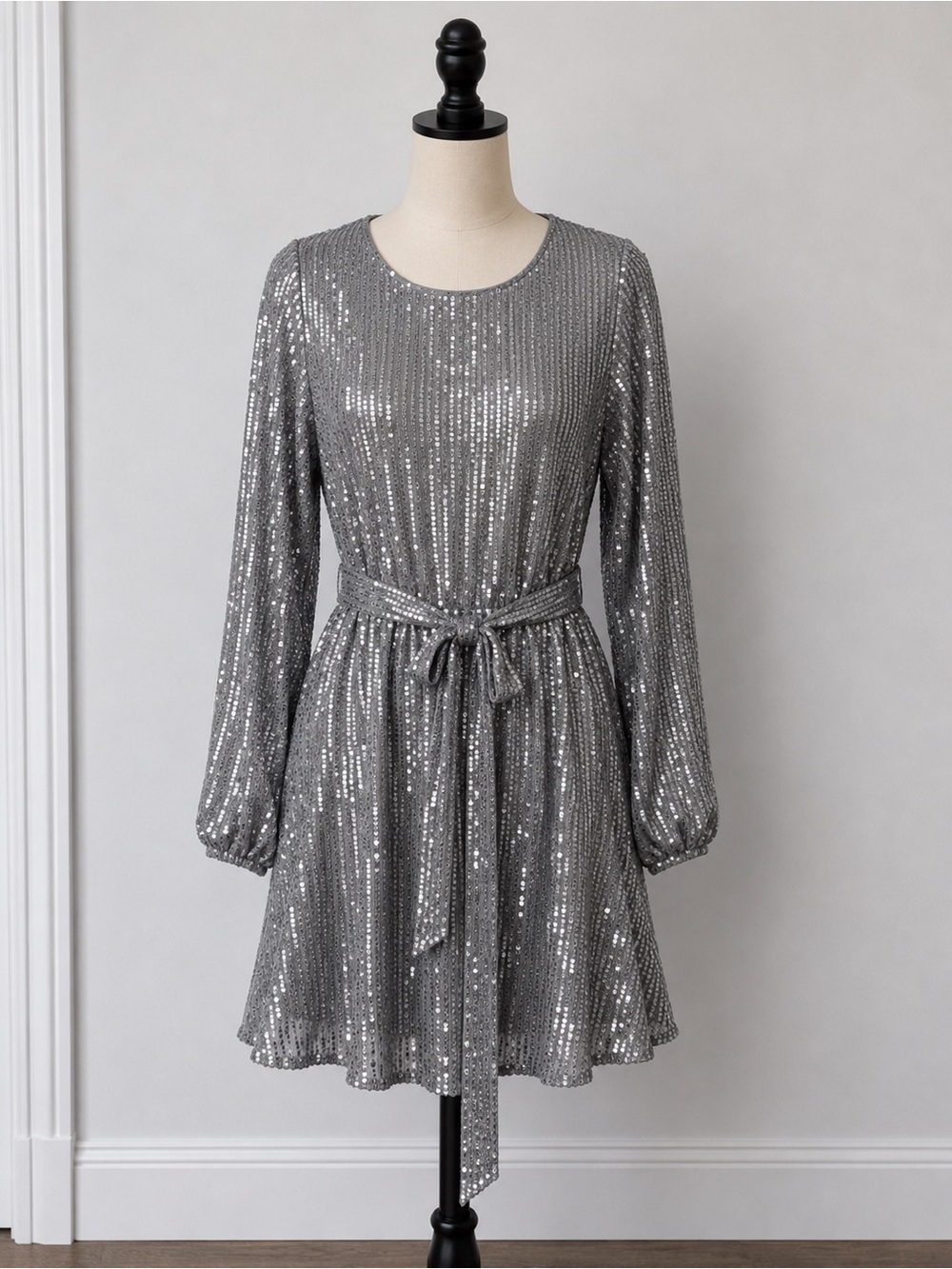 Silver Sequin Long-Sleeve Tie-Waist Dress